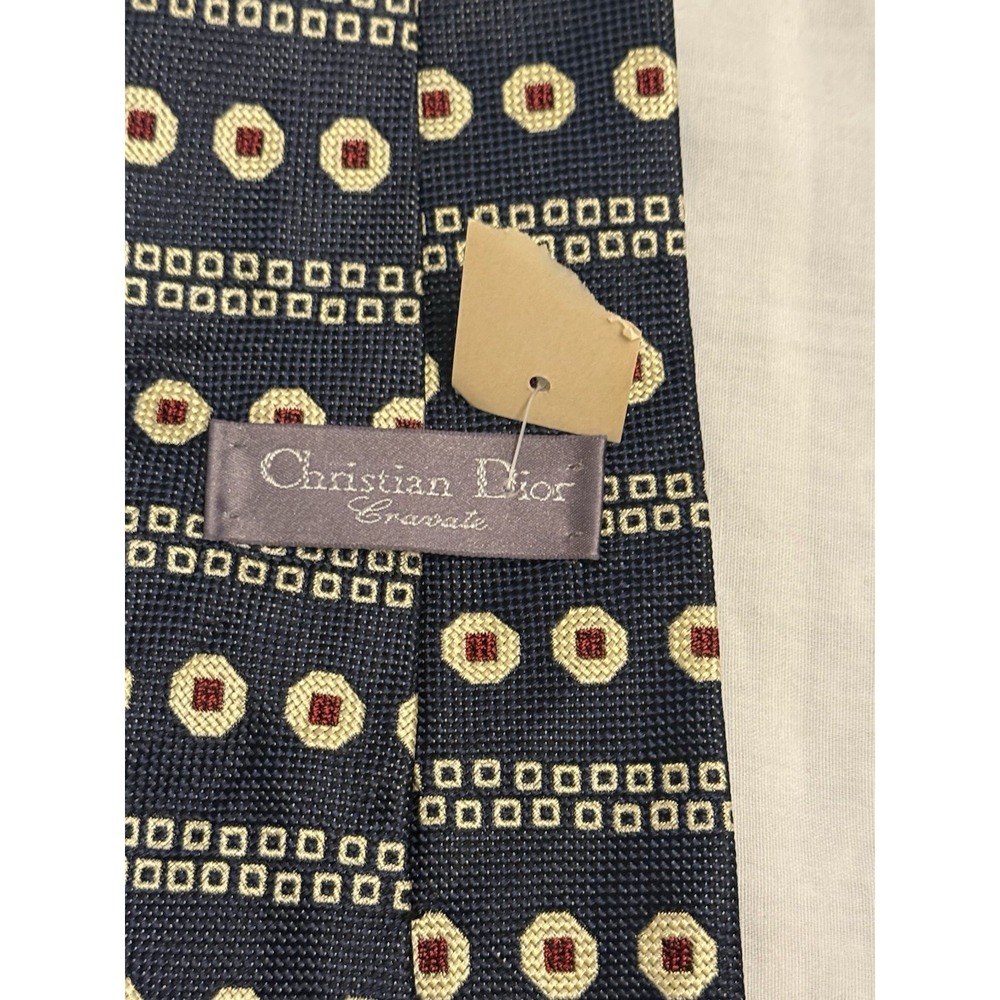 Christian Dior Cravate Navy Blue Silk Tie Geometric Pattern 4" Wide